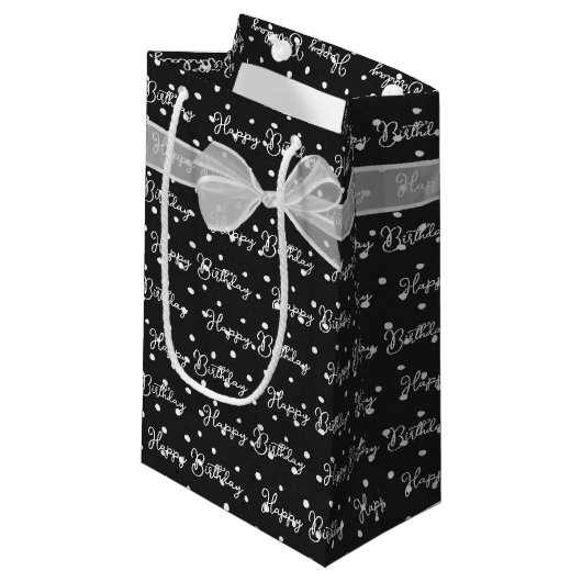 Happy Birthday Bow op poka Dots Klein Cadeauzakje (Voorkant Gekanteld)