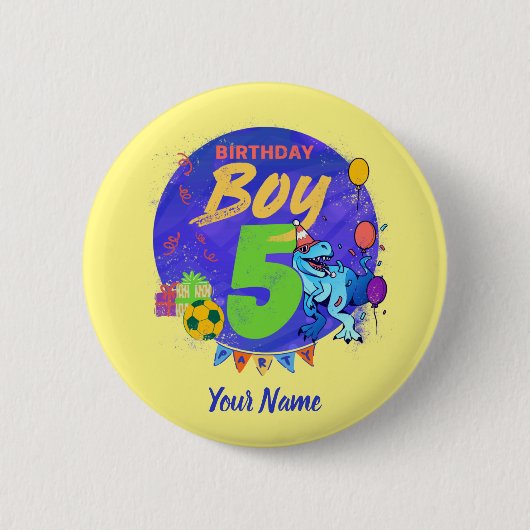 Happy Birthday Boy 5th vijfde verjaardag dinosaur Ronde Button 5,7 Cm (Voorkant)