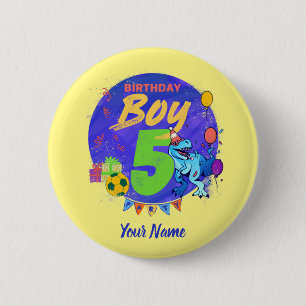Happy Birthday Boy 5th vijfde verjaardag dinosaur Ronde Button 5,7 Cm