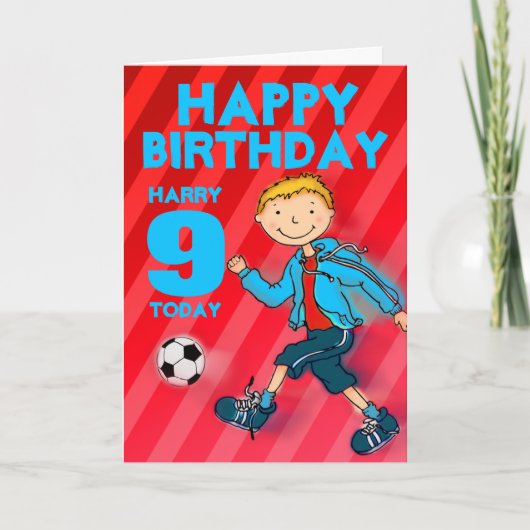 Happy Birthday boys football name & age card Kaart (Voorkant)