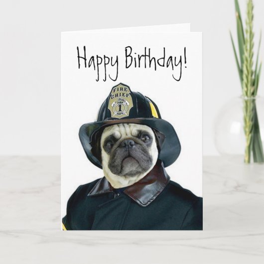 Happy Birthday Brandweerman Pug wenskaart Kaart (Voorkant)