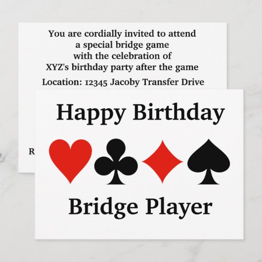 Happy Birthday Bridge Player Vier Card Suits Kaart (Voorkant / Achterkant)