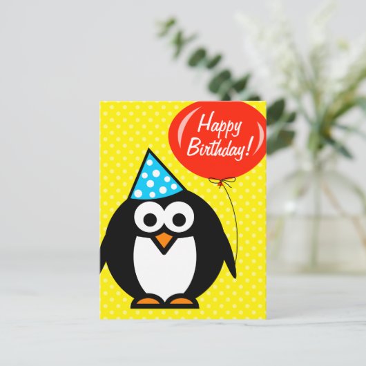 Happy Birthday briefkaart | Leuke pinguïn en ballo (Staand voorkant)