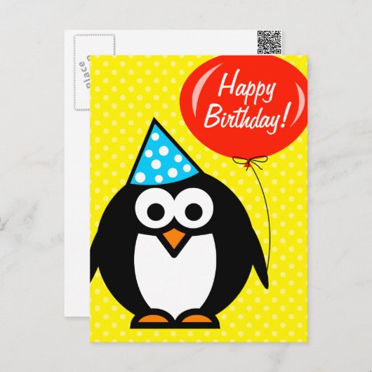 Happy Birthday briefkaart | Leuke pinguïn en ballo (Voorkant / Achterkant)