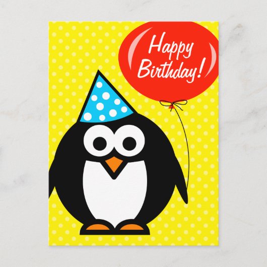 Happy Birthday briefkaart | Leuke pinguïn en ballo (Voorkant)