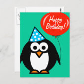 Happy Birthday briefkaart | pinguïn met rode ballo (Voorkant / Achterkant)