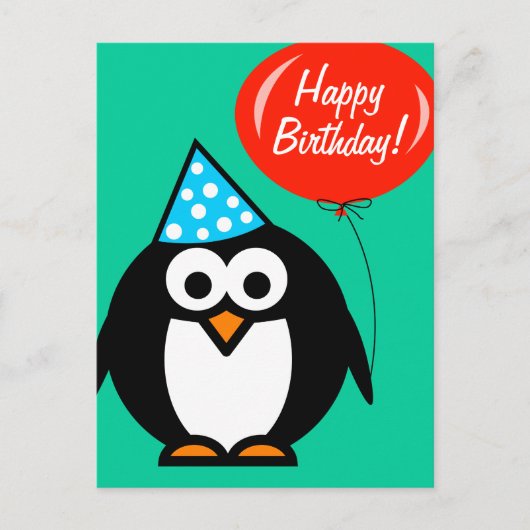 Happy Birthday briefkaart | pinguïn met rode ballo (Voorkant)