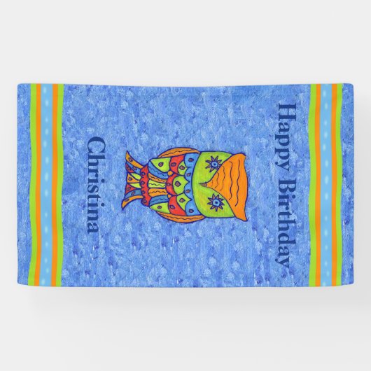 Happy Birthday Bright Fantasy Owl Star Eyes Spandoek (Horizontaal)