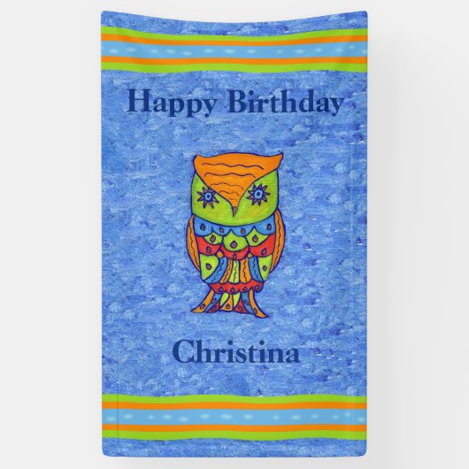 Happy Birthday Bright Fantasy Owl Star Eyes Spandoek (Verticaal)