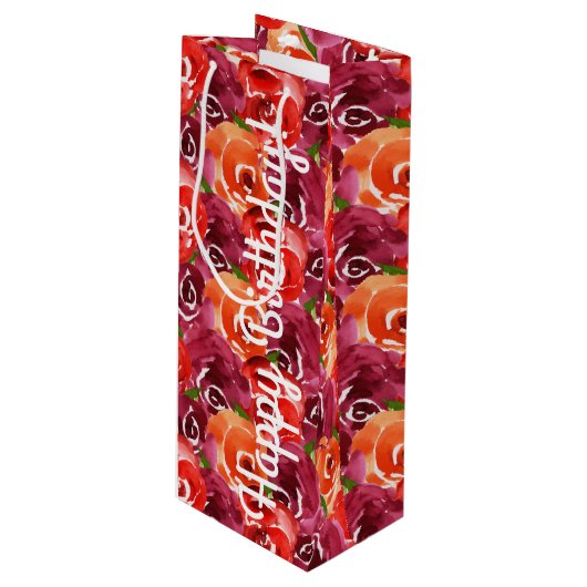 Happy Birthday Bright Waterverf Flowers Wijn Cadeautas (Voorkant Gekanteld)