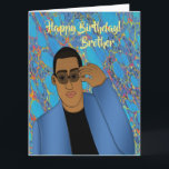 Happy Birthday Brother Afro-Amerikaanse Kaart<br><div class="desc">Deze coole verjaardagskaart heeft een Afro-Amerikaanse man met een blauw pak en een zwart shirt. Stuur een kaart naar je broer die betrouwbaar is en je boodschap uitdrukt zoals je het bedoeld had.</div>