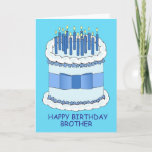 Happy Birthday Brother Cartoon Cake and Candles Kaart<br><div class="desc">Een gigantische blauwe en witte verjaardagstaart met een boog eromheen en de woorden "Happy Birthday Brother". De cake is bedekt met verlichte kaarsen.</div>