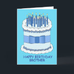 Happy Birthday Brother Cartoon Cake and Candles Kaart<br><div class="desc">Een gigantische blauwe en witte verjaardagstaart met een boog eromheen en de woorden "Happy Birthday Brother". De cake is bedekt met verlichte kaarsen.</div>