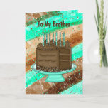Happy Birthday Brother Kaart<br><div class="desc">Blauwgroen en bruine Happy Birthday-kaart voor een broer. Schuif met de hand getekende afbeeldingen van chocoladetaart,  kaarsen en geschenken.</div>