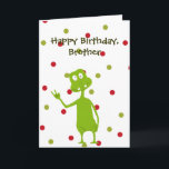 Happy Birthday Brother Space Alien Kaart<br><div class="desc">Verjaarkaart voor die speciale broer. Tekening van een groene ruimte buitenaards op een rode en groene poka stipachtergrond. U kunt de tekst bewerken om deze kaart aan te passen voor iedereen en/of elke gelegenheid.</div>