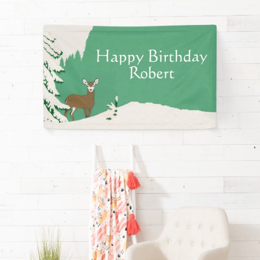Happy Birthday Brown Deer Pine Tree Snow Green Spandoek (Insitu)