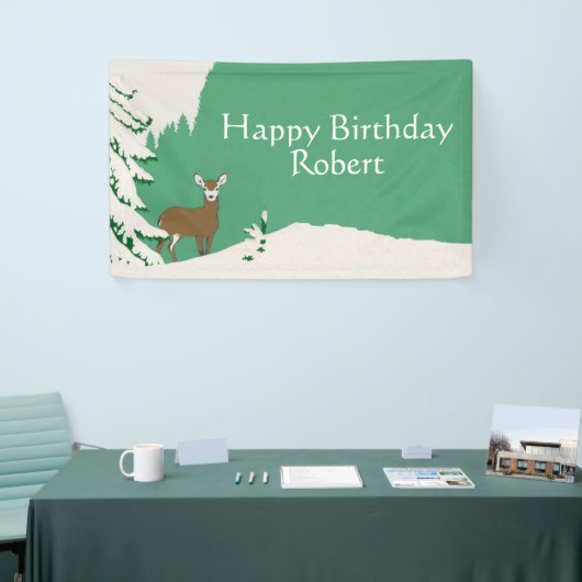 Happy Birthday Brown Deer Pine Tree Snow Green Spandoek (Beurs)