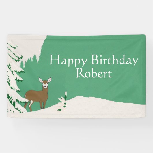 Happy Birthday Brown Deer Pine Tree Snow Green Spandoek (Horizontaal)