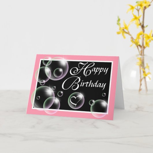 Happy Birthday Bubbles - Roze Wenskaart Kaart (Gele Bloem)