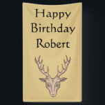 Happy Birthday Buck Deer Head Antlers Tan Spandoek<br><div class="desc">Deze doekbanner is lichtbruin met een bruine mannelijke buck hert kop met grote geweven geweien in diep rood. Pas de Happy Birthday tekst en de naam met de sjabloon aan.</div>