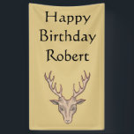 Happy Birthday Buck Deer Head Antlers Tan Spandoek<br><div class="desc">Deze doekbanner is lichtbruin met een bruine mannelijke buck hert kop met grote geweven geweien in diep rood. Pas de Happy Birthday tekst en de naam met de sjabloon aan.</div>