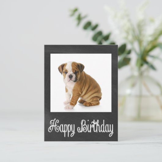 Happy Birthday Bulldog Puppy Krijtbord Briefkaart (Staand voorkant)