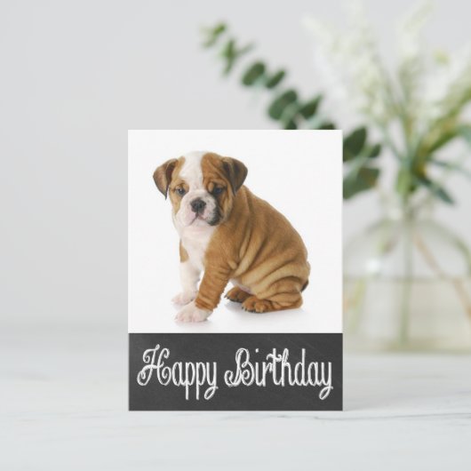 Happy Birthday Bulldog Puppy Krijtbord Briefkaart (Staand voorkant)