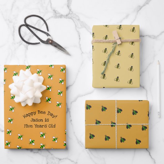 Happy Birthday Bumble Bees Set van 3 Inpakpapier Vel (Voorkant)