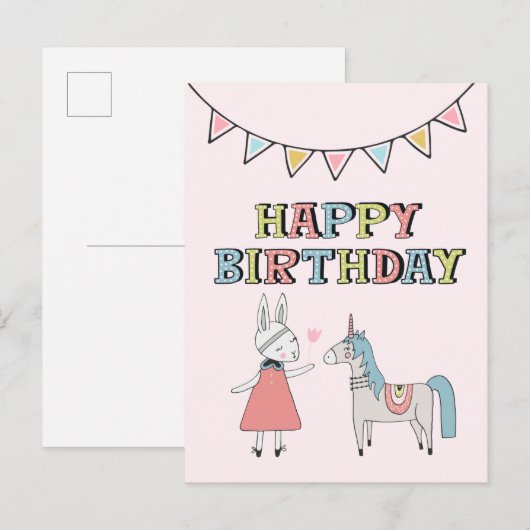 Happy Birthday Bunny en Unicorn Briefkaart (Voorkant / Achterkant)