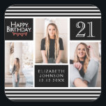 Happy Birthday Bunting Photo Collage 21st Birthday Vierkante Sticker<br><div class="desc">Dit trendy fotocollage ontwerp biedt ruimte voor drie foto's. U kunt de naam toevoegen van de persoon die zijn verjaardag viert,  evenals zijn leeftijd en verjaardagsdatum.</div>