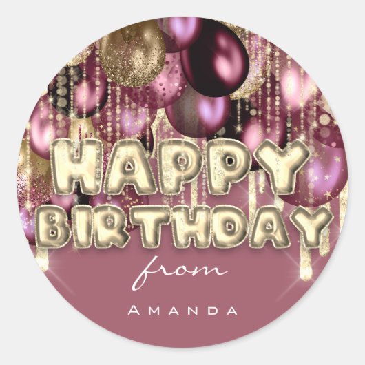 Happy Birthday Burgundy Drift Gold BALLOONS Roze Ronde Sticker (Voorkant)