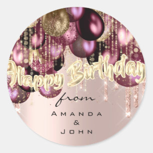Happy Birthday Burgundy stuurt Gold BALLOONS Glam Ronde Sticker