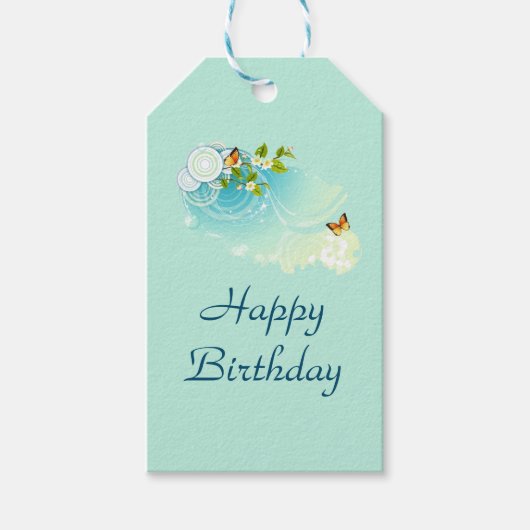 Happy Birthday Butterflies en bloesems Cadeaulabel (Voorkant)