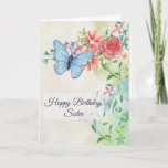 Happy Birthday, Butterfly and Flowers Kaart<br><div class="desc">This pretty birthday card has a watercolor look. We hebben de upper left is a pretty light blue butterfly. It is hovering over flowers which include a pink rose, daisies, and blue flowers. There are light green leaves and pretty twining vines as well. All of the text can be change...</div>