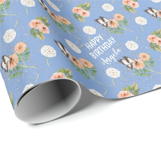 Happy Birthday Butterfly Floral gepersonaliseerd Cadeaupapier (Rol Hoek)