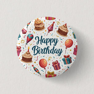 Happy Birthday Button met ballonnen en taart