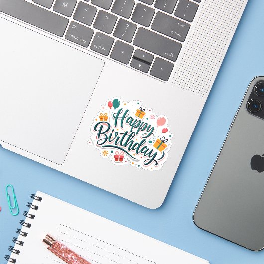 Happy Birthday cadeaus sticker (Laptop met iPhone)