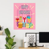 Happy Birthday-cadeautjes op roze Poster (Thuiskantoor)