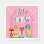 Happy Birthday cadeautjes op roze servetten (Voorkant)