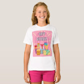 Happy Birthday-cadeautjes op roze T-shirt (Voorkant volledig)