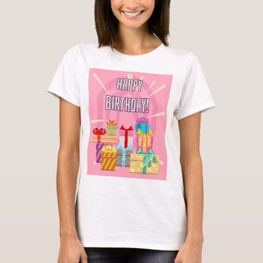 Happy Birthday-cadeautjes op roze T-shirt (Voorkant)