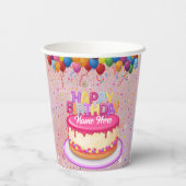 Happy Birthday Cake Balloon en Confetti Papieren Bekers (Achterkant)