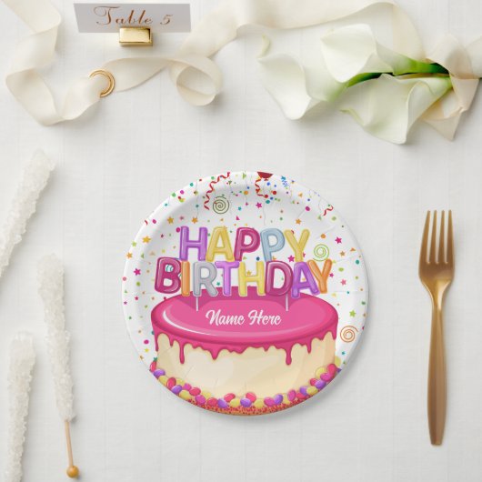 Happy Birthday Cake Balloon en Confetti Papieren Bordje (Huwelijk)