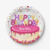 Happy Birthday Cake Balloon en Confetti Papieren Bordje (Voorkant)