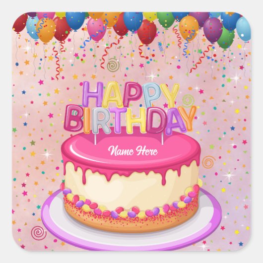 Happy Birthday Cake Balloon en Confetti Vierkante Sticker (Voorkant)