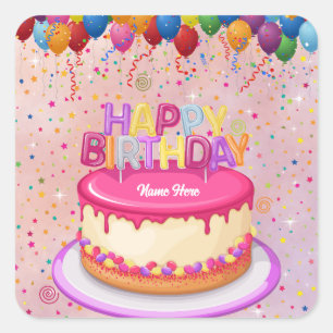 Happy Birthday Cake Balloon en Confetti Vierkante Sticker