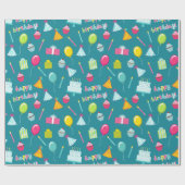 Happy Birthday Cake Balloons Candles Cadeaus Aqua Cadeaupapier (Vlak)