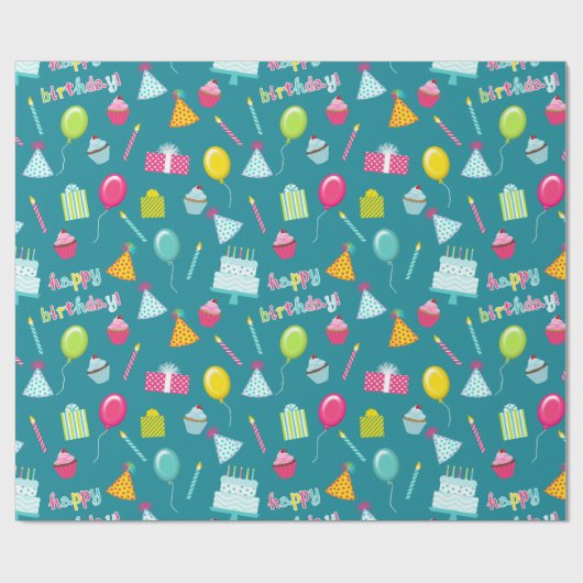 Happy Birthday Cake Balloons Candles Cadeaus Aqua Cadeaupapier (Vlak)