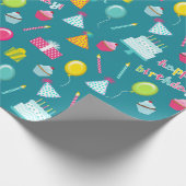 Happy Birthday Cake Balloons Candles Cadeaus Aqua Cadeaupapier (Hoek)
