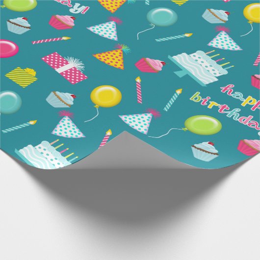 Happy Birthday Cake Balloons Candles Cadeaus Aqua Cadeaupapier (Hoek)